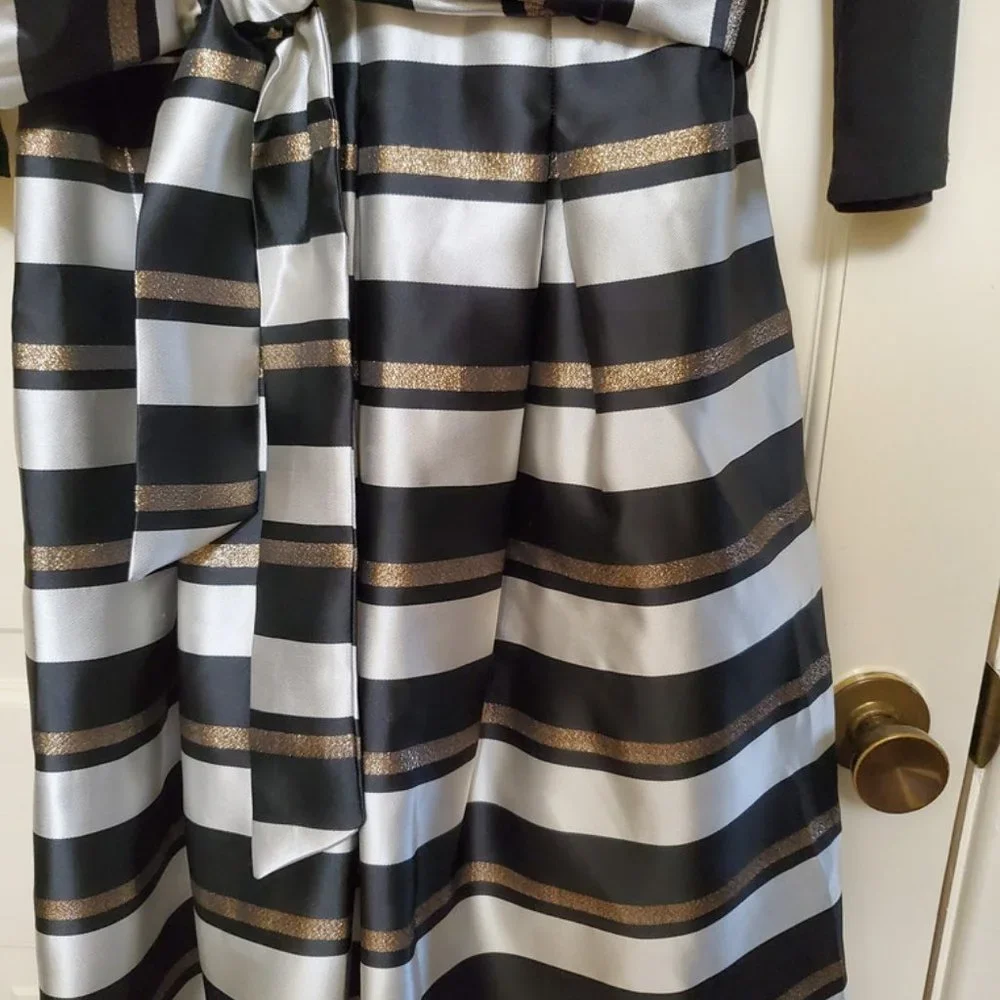 Women Jessica Howard 10 Cocktail Dress Black w/Striped Skirt Belt Beautiful NWT - Picture 8 of 10